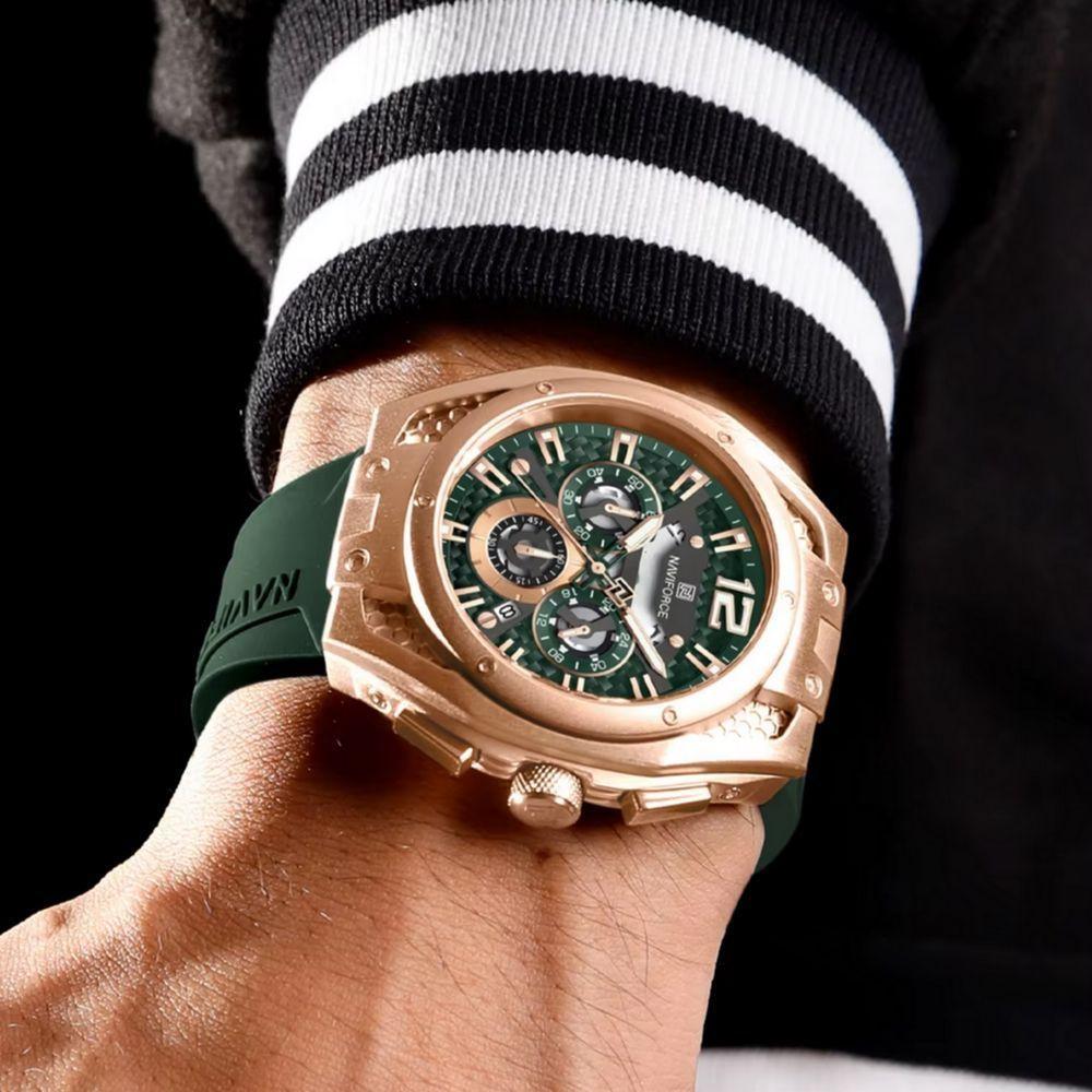 Relógio Para Homens Esportivo Multifuncional De Quartzo À Prova Da Água Verde Dourado - 3