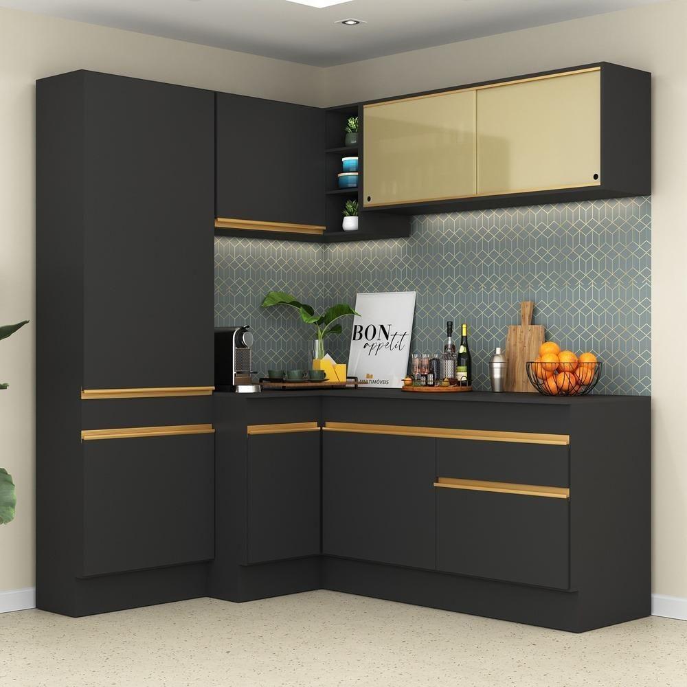 Cozinha Completa De Canto Mp2089 Com Armário E Balcão Preta - 1