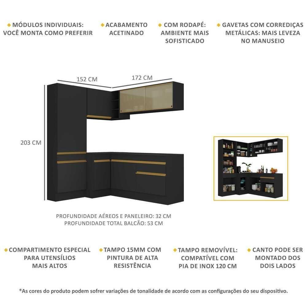 Cozinha Completa De Canto Mp2089 Com Armário E Balcão Preta - 6