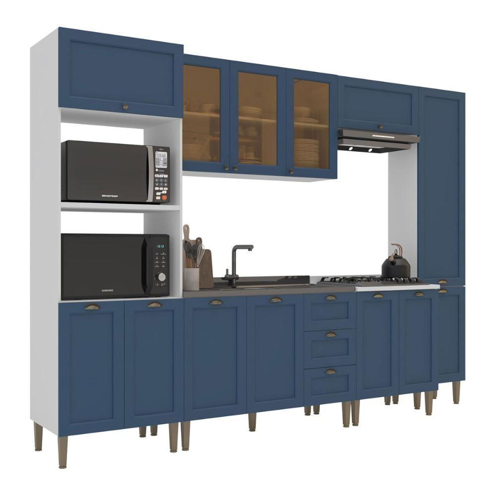 Armário Cozinha Americana Modulada Completa 305cm Com Vidros Multimóveis Cr20497 Branco-Azul - 2