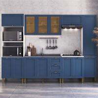 Armário Cozinha Americana Modulada Completa 305cm Com Vidros Multimóveis Cr20497 Branco-Azul - 1