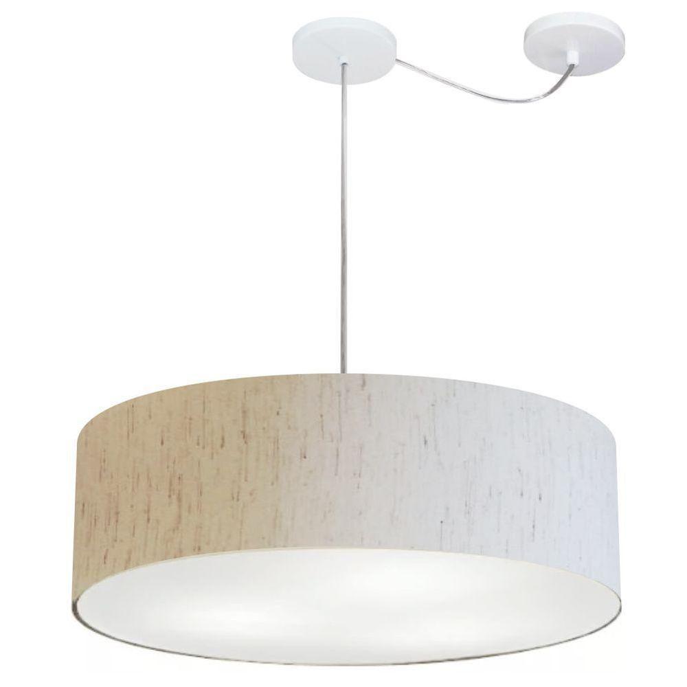 Lustre Pendente Cilíndrico Com Desvio De Centro Vivare Md-4259 Cúpula Em Tecido 50x15cm - Bivolt Linho Bege 127/220v - 1