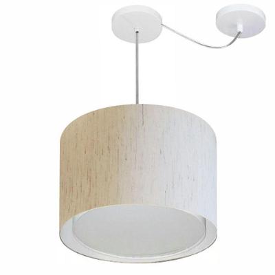Lustre Pendente Cilíndrico Com Desvio De Centro Vivare Md-4306 Cúpula Em Tecido 40x30cm - Bivolt Linho Bege 127/220v