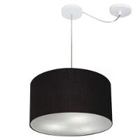 Lustre Pendente Cilíndrico Com Desvio De Centro Vivare Md-4163 Cúpula Em Tecido 40x25cm - Bivolt Preto 127/220v - 1