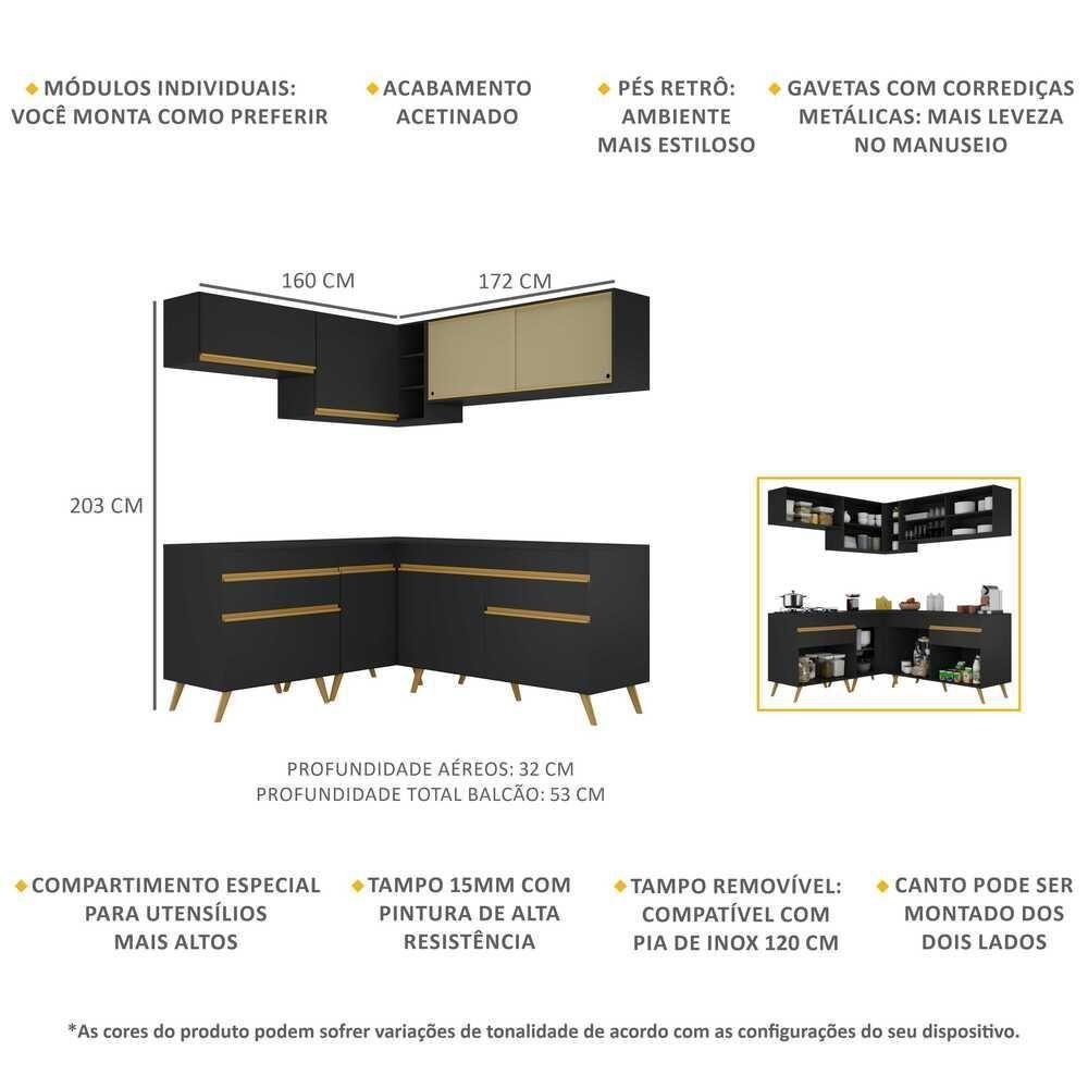 Cozinha Completa De Canto Veneza Gb Mp2062 Com Armário E Balcão Preta - 2