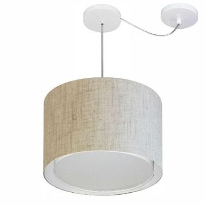 Lustre Pendente Cilíndrico Com Desvio De Centro Vivare Md-4306 Cúpula Em Tecido 40x30cm - Bivolt Rustico-bege 127/220v