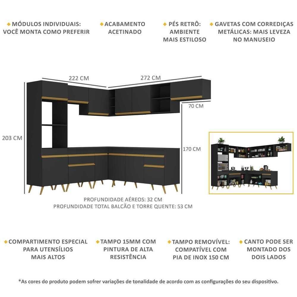 Cozinha Completa De Canto Veneza Gb Mp2048 Com Armário E Balcão Preta - 2