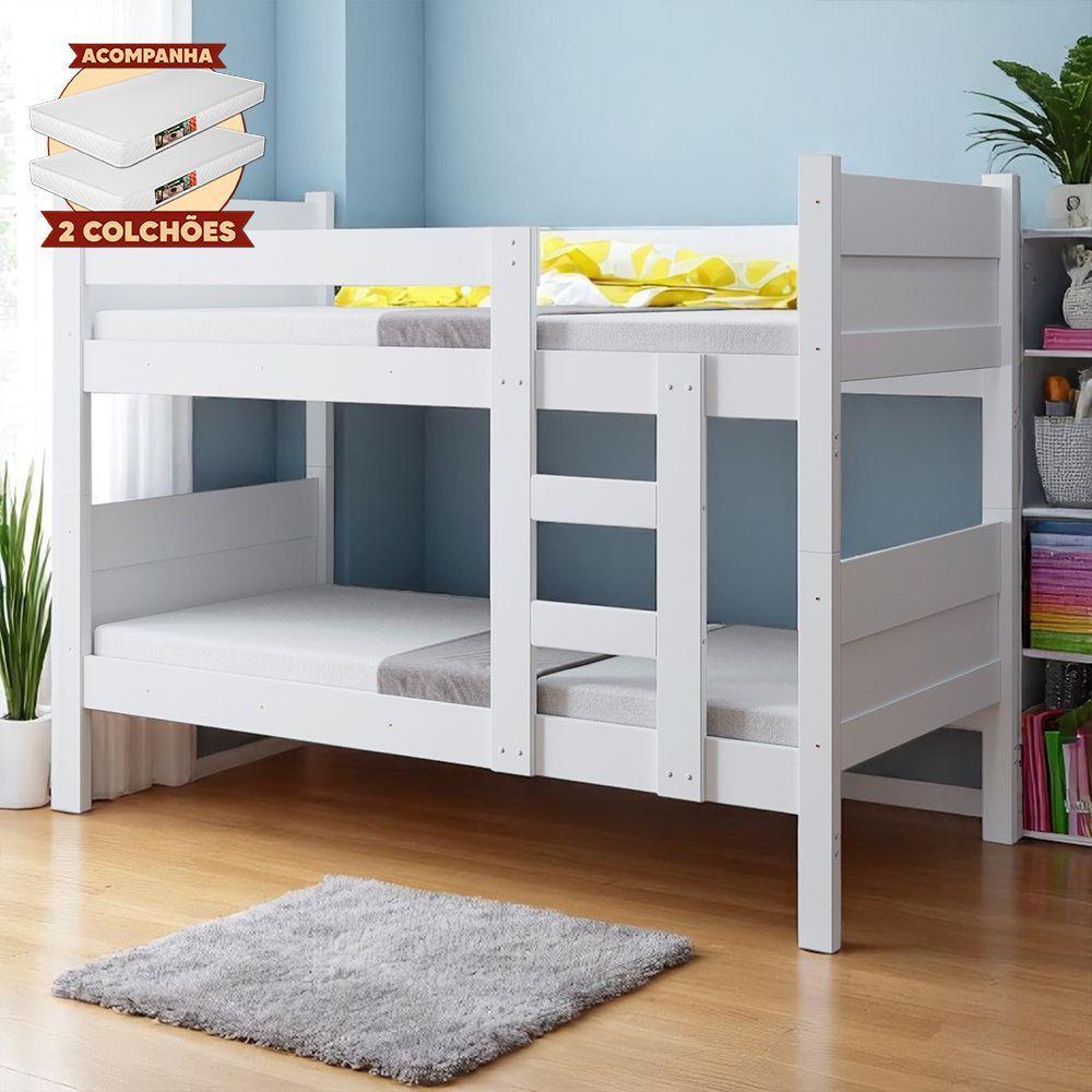 Beliche Resistente Fortaleza Em Mdf Vira 2 Camas Solteiro Branco Com 2 Colchões - 1