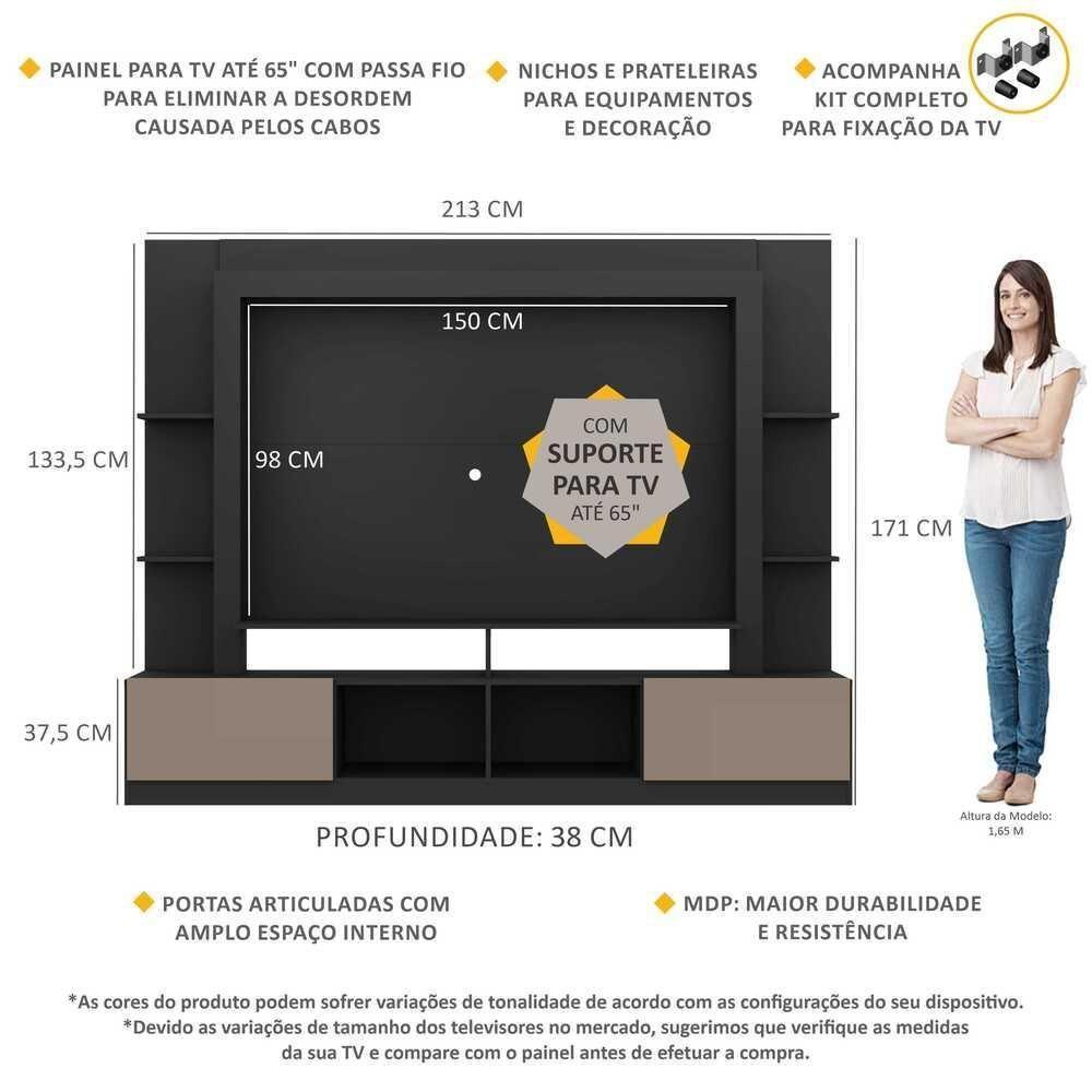 Estante Com Suporte Tv 65" E 2 Portas Oslo Multimóveis V3386 Preta/Lacca Fumê Preto/Lacca Fumê - 6