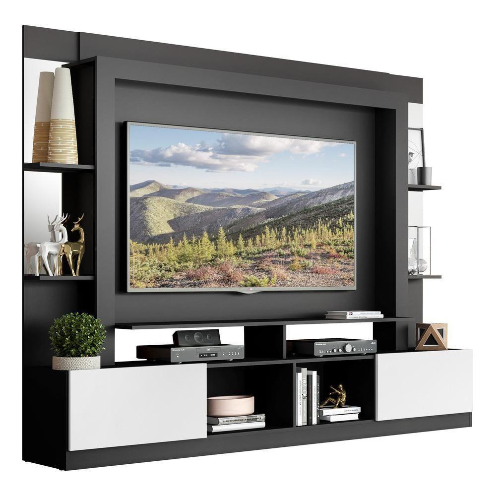 Estante Com Suporte Tv 65" Prateleiras C/ Espelho Oslo Multimóveis V3385 Preta/Branca Preto/Branco - 1
