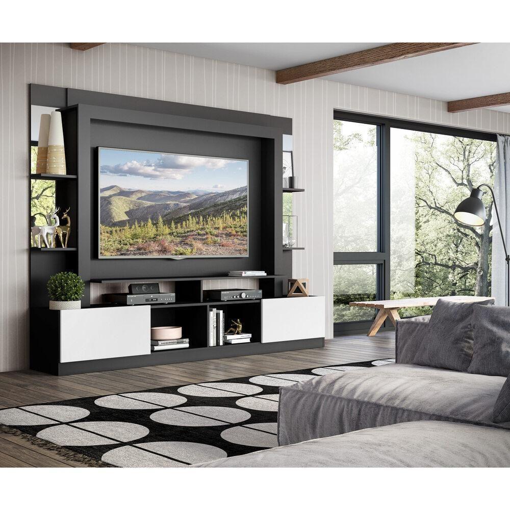 Estante Com Suporte Tv 65" Prateleiras C/ Espelho Oslo Multimóveis V3385 Preta/Branca Preto/Branco - 2
