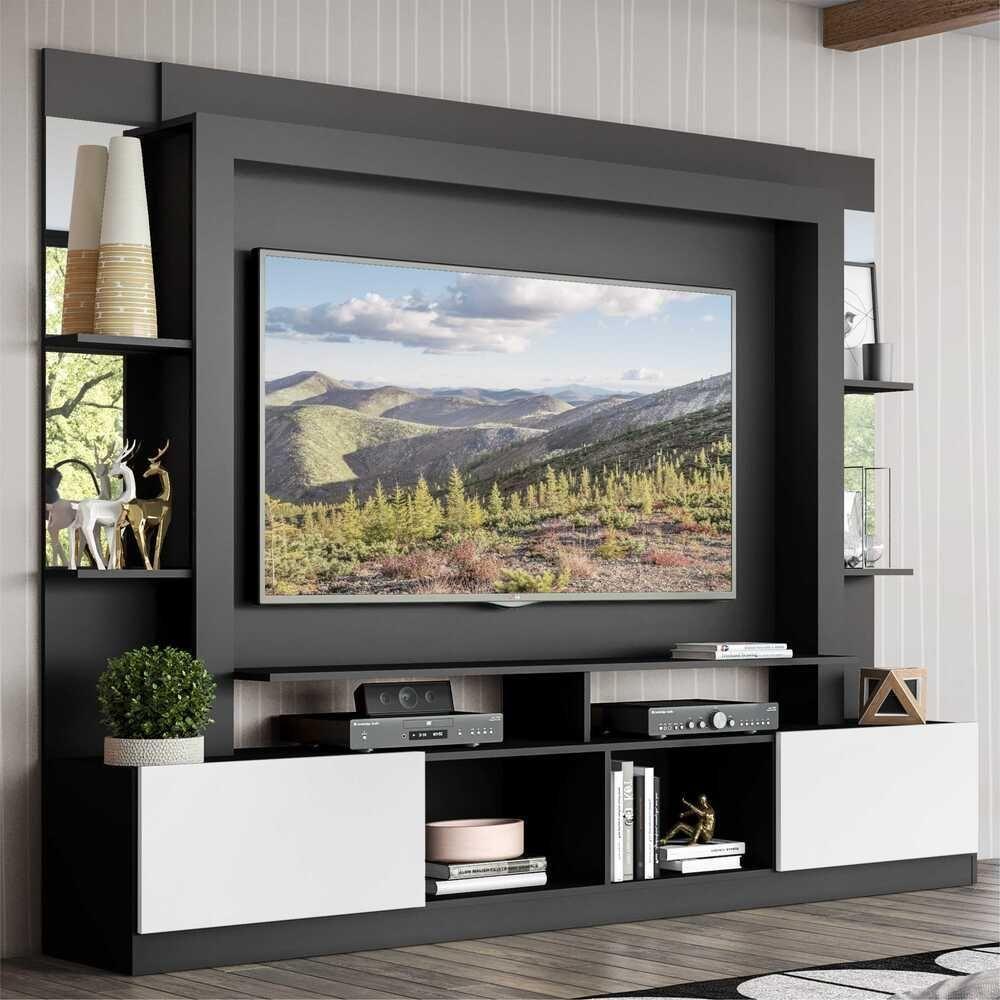 Estante Com Suporte Tv 65" Prateleiras C/ Espelho Oslo Multimóveis V3385 Preta/Branca Preto/Branco - 7