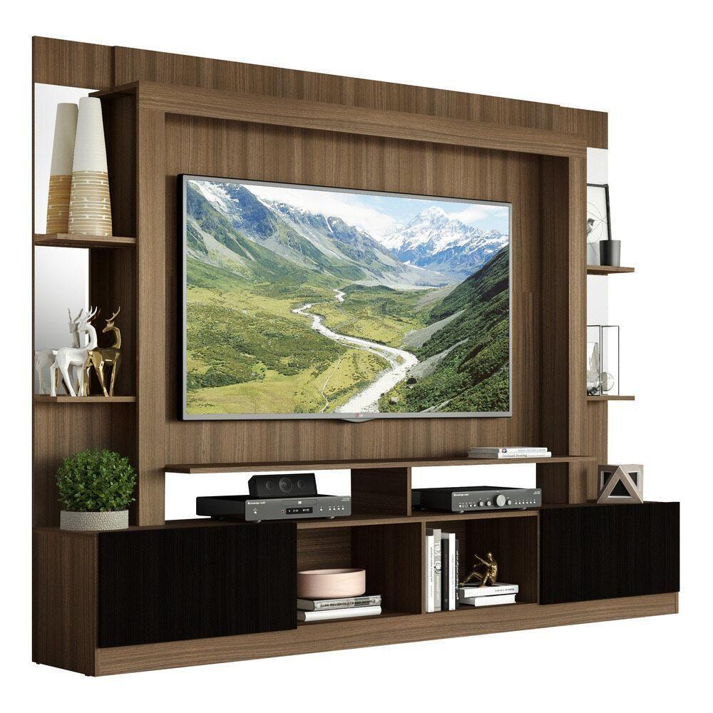 Estante Com Suporte Tv 65" Prateleiras C/ Espelho Oslo Multimóveis V3385 Madeirado/Preto - 1