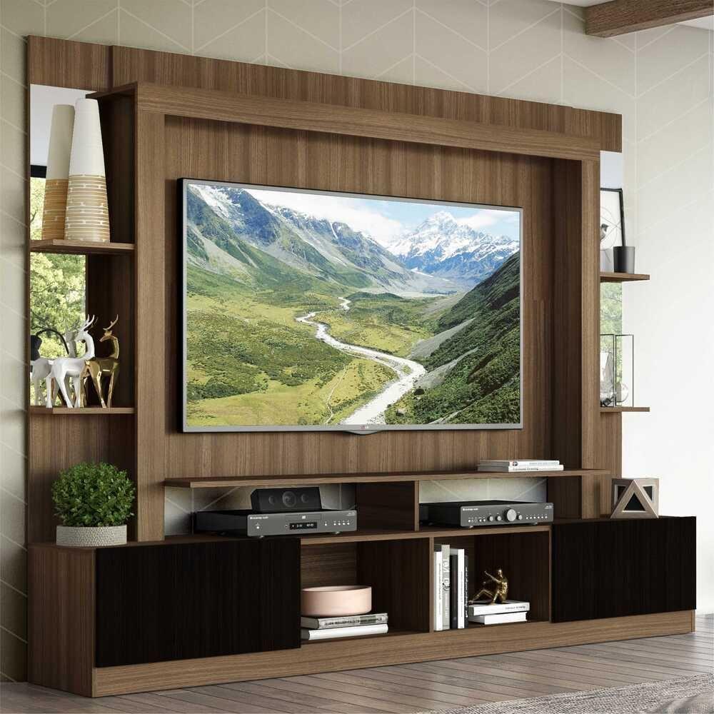 Estante Com Suporte Tv 65" Prateleiras C/ Espelho Oslo Multimóveis V3385 Madeirado/Preto - 7