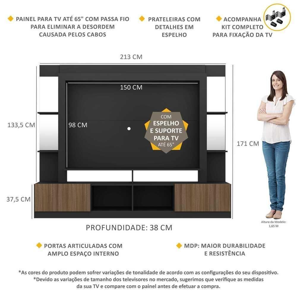 Estante Com Suporte Tv 65" Prateleiras C/ Espelho Oslo Multimóveis V3385 Preto/Madeirado - 6