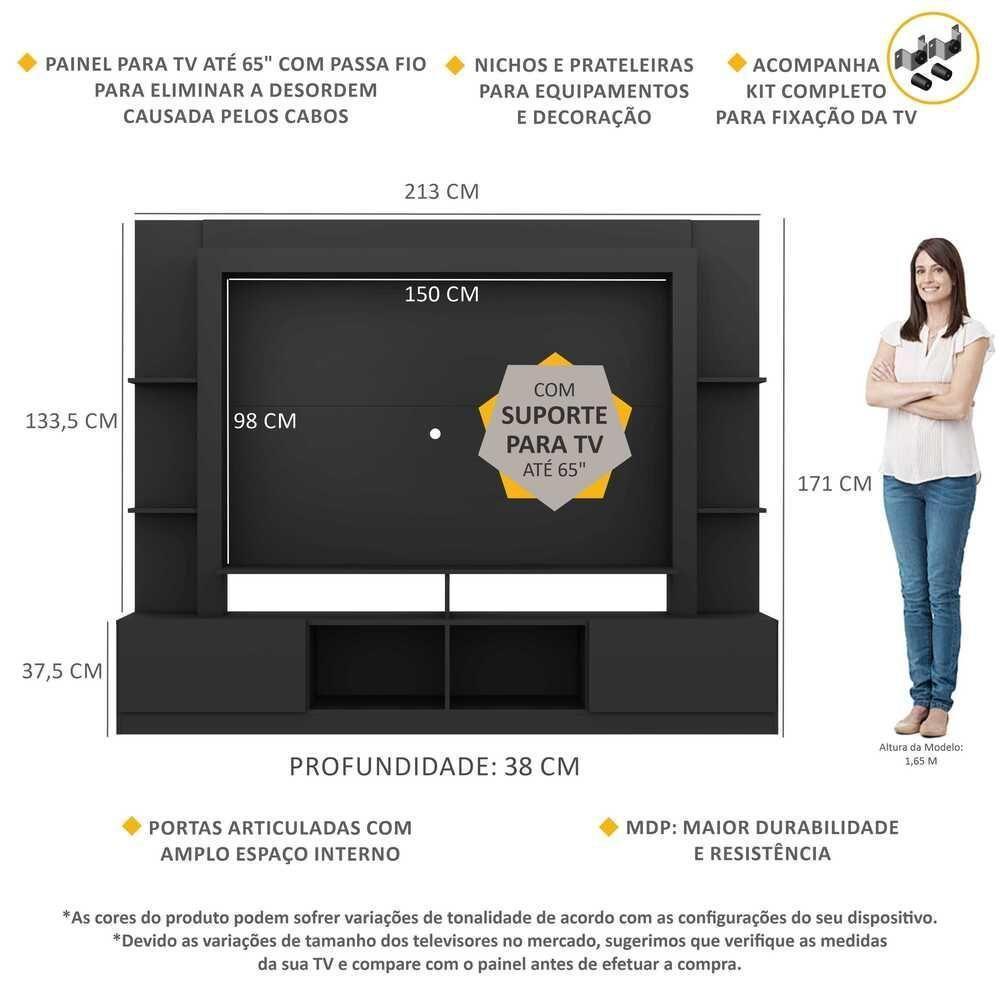 Estante Com Suporte Tv 65" E 2 Portas Oslo Multimóveis V3386 Preta Preto - 6