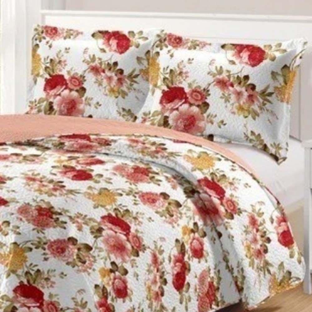 Kit Cobre Leito Colcha Daily Casal 3 Peças Dupla Face Estampado - Floral 50 - 100% Poliéster - 2