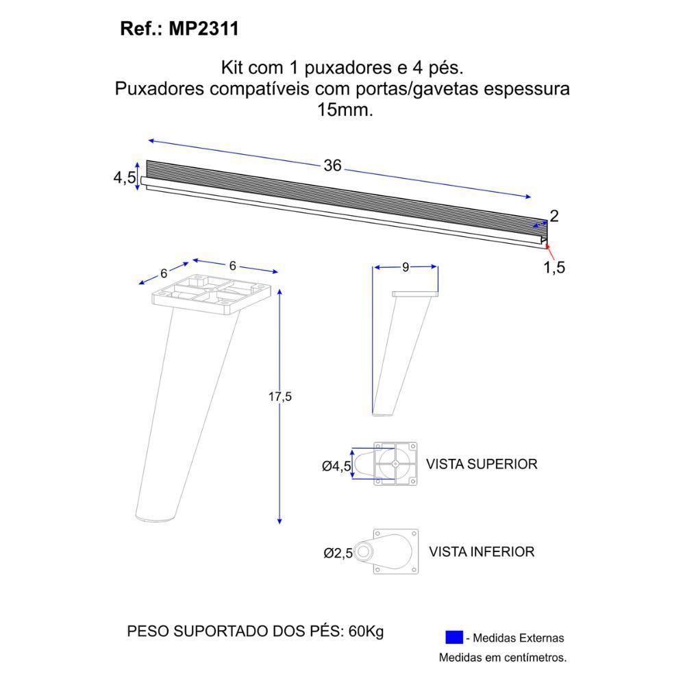 Kit Puxador Com 4 Pés Palito Retrô Para Balcão De Canto 90cm Veneza Multimóveis Mp2311 Preto Preto - 3
