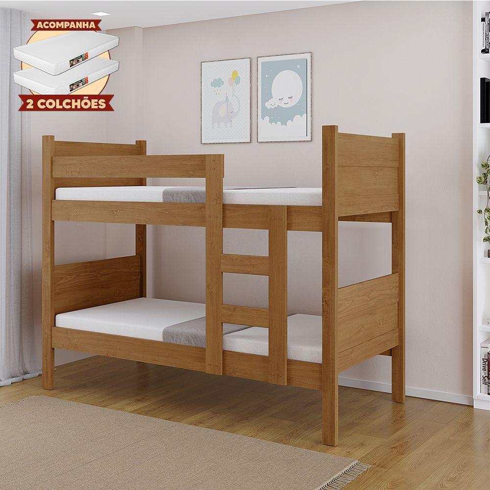 Beliche Resistente Fortaleza Em Mdf Vira 2 Camas Solteiro Amêndoa Com 2 Colchões - 1