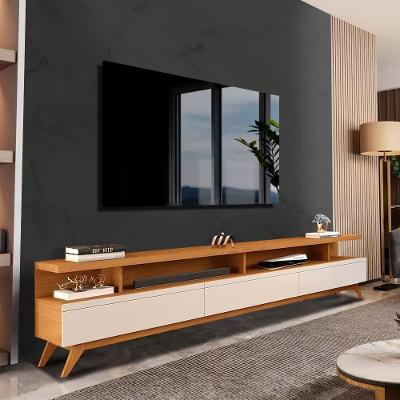 Rack Tv 75 Polegadas Pés Madeira Nature Off White Repleta