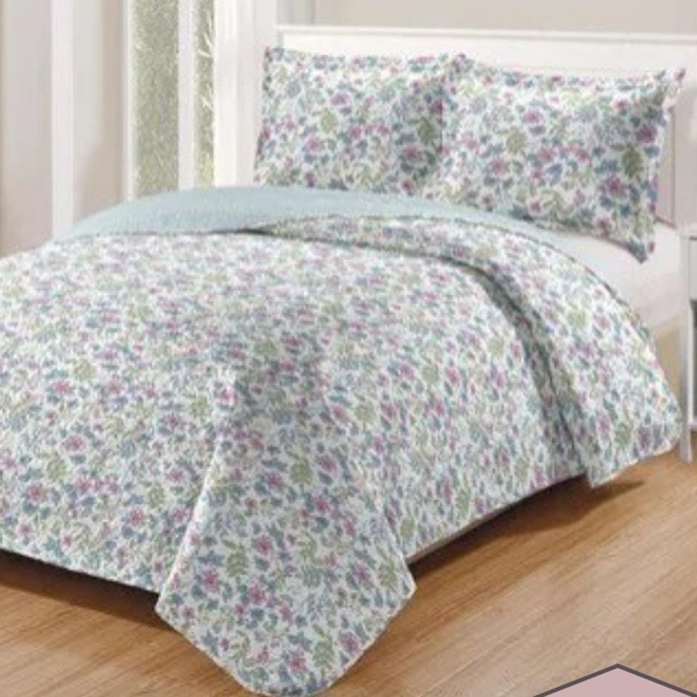 Kit Cobre Leito Colcha Daily Casal 3 Peças Dupla Face Estampado - Floral 56 - 100% Poliéster - 1
