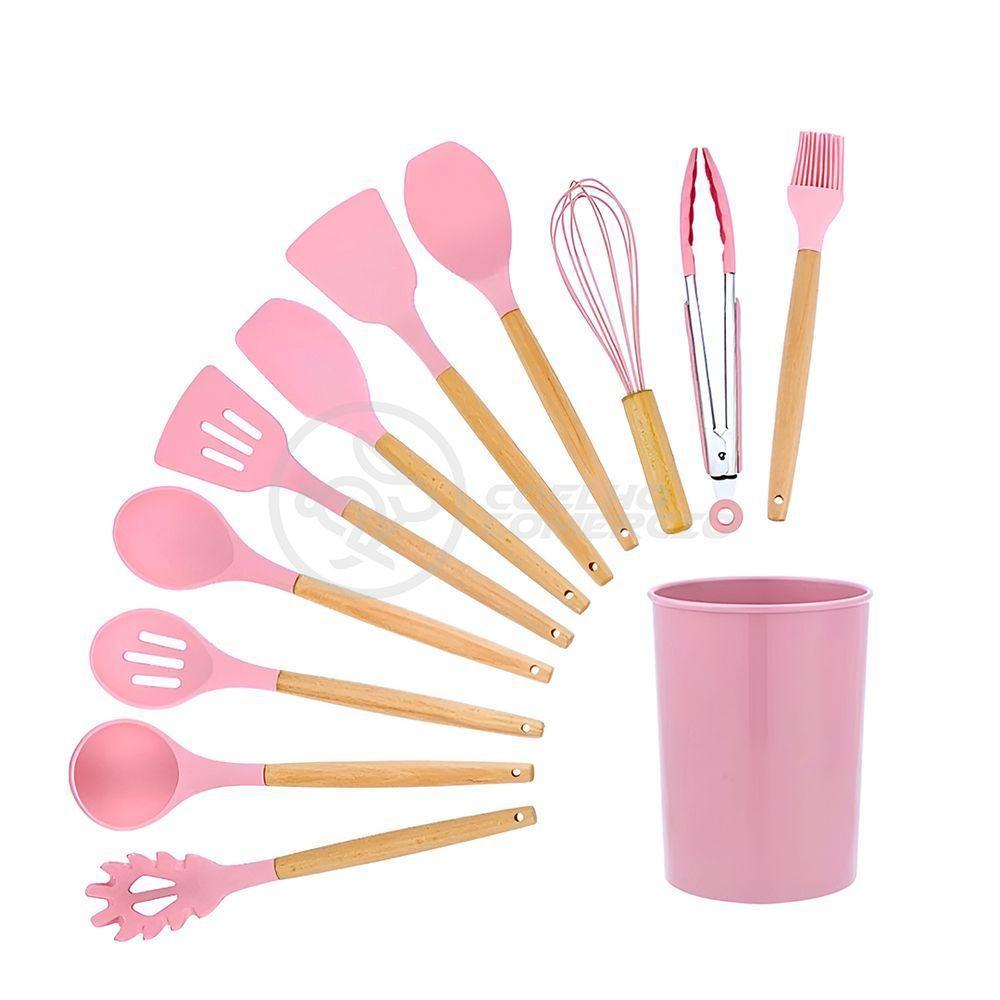 Kit 12 Utensílios Jogo De Cozinha De Silicone Com Espatulas Pincel Batedor Manual - Rosa - 4