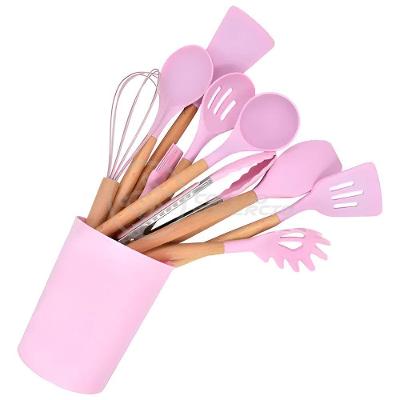 Kit 12 Utensílios Jogo De Cozinha De Silicone Com Espatulas Pincel Batedor Manual - Rosa