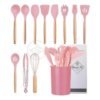 Kit 12 Utensílios Jogo De Cozinha De Silicone Com Espatulas Pincel Batedor Manual - Rosa - 3