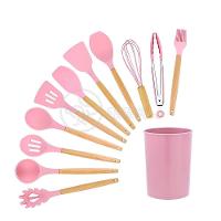 Kit 12 Utensílios Jogo De Cozinha De Silicone Com Espatulas Pincel Batedor Manual - Rosa
