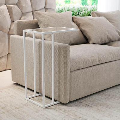 Mesa Lateral Elena Industrial Branco Com Tampo De Vidro