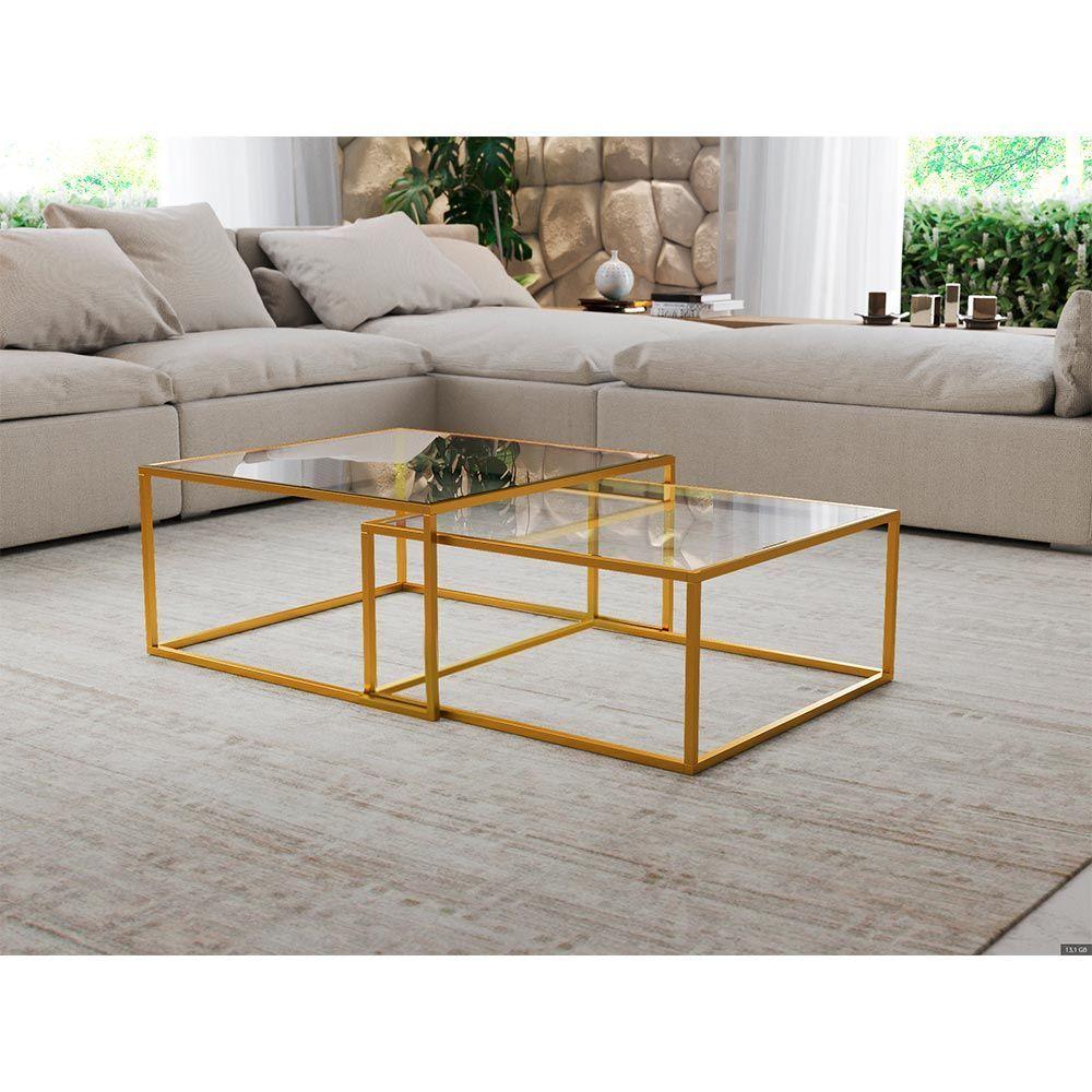 Mesa De Centro Industrial Moderna Atemporal Duo Catarina Dourado E Tampo De Vidro - 1
