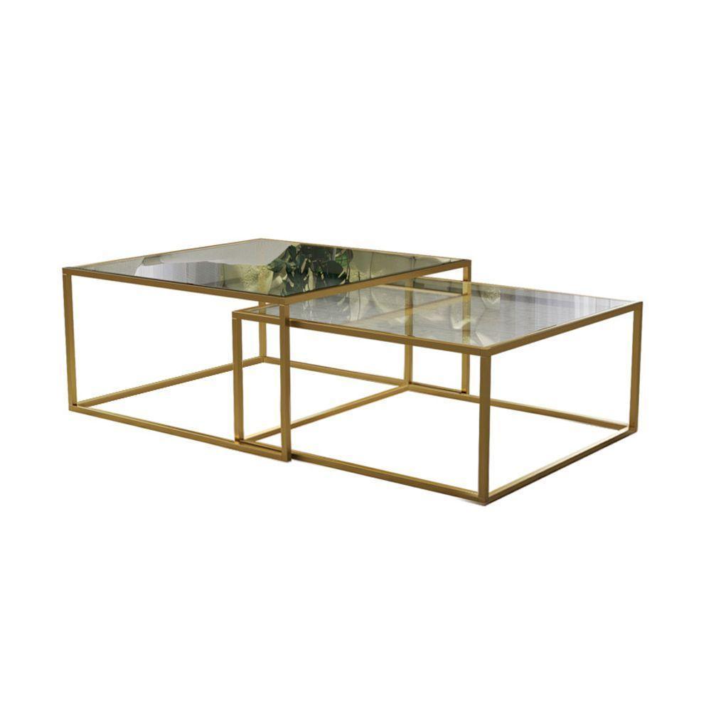 Mesa De Centro Industrial Moderna Atemporal Duo Catarina Dourado E Tampo De Vidro - 2