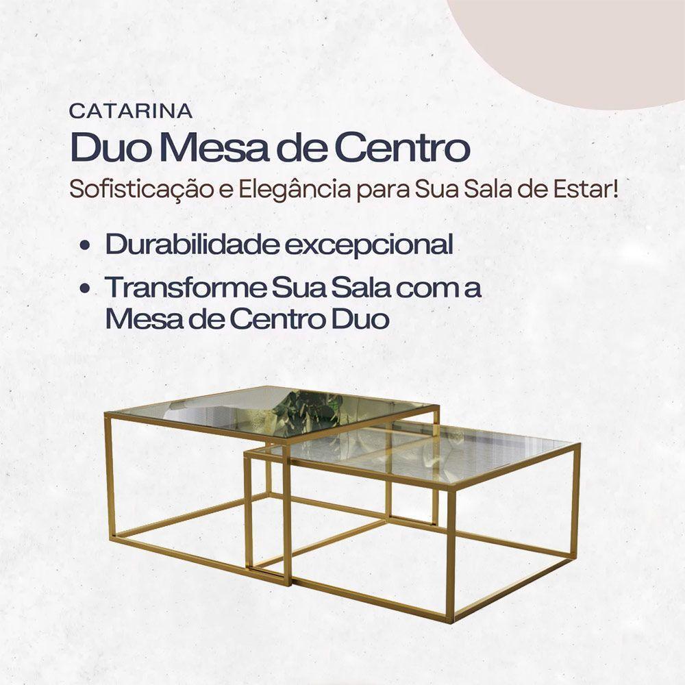 Mesa De Centro Industrial Moderna Atemporal Duo Catarina Dourado E Tampo De Vidro - 3