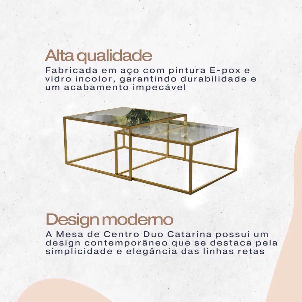 Mesa De Centro Industrial Moderna Atemporal Duo Catarina Dourado E Tampo De Vidro - 6