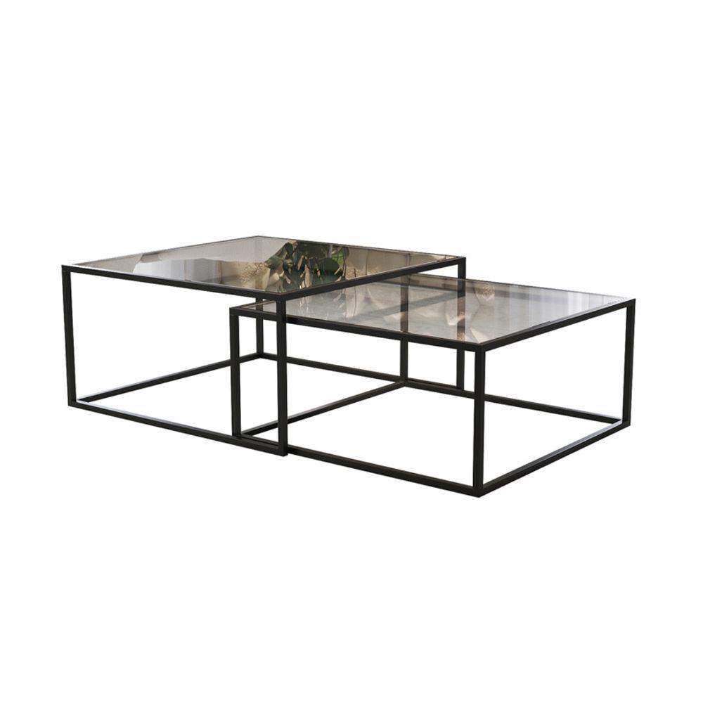 Mesa De Centro Industrial Moderna Atemporal Duo Catarina Preto E Tampo De Vidro - 2