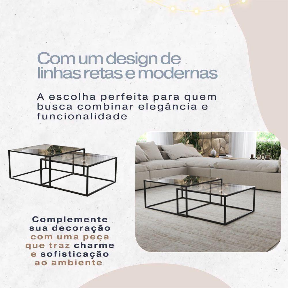 Mesa De Centro Industrial Moderna Atemporal Duo Catarina Preto E Tampo De Vidro - 5