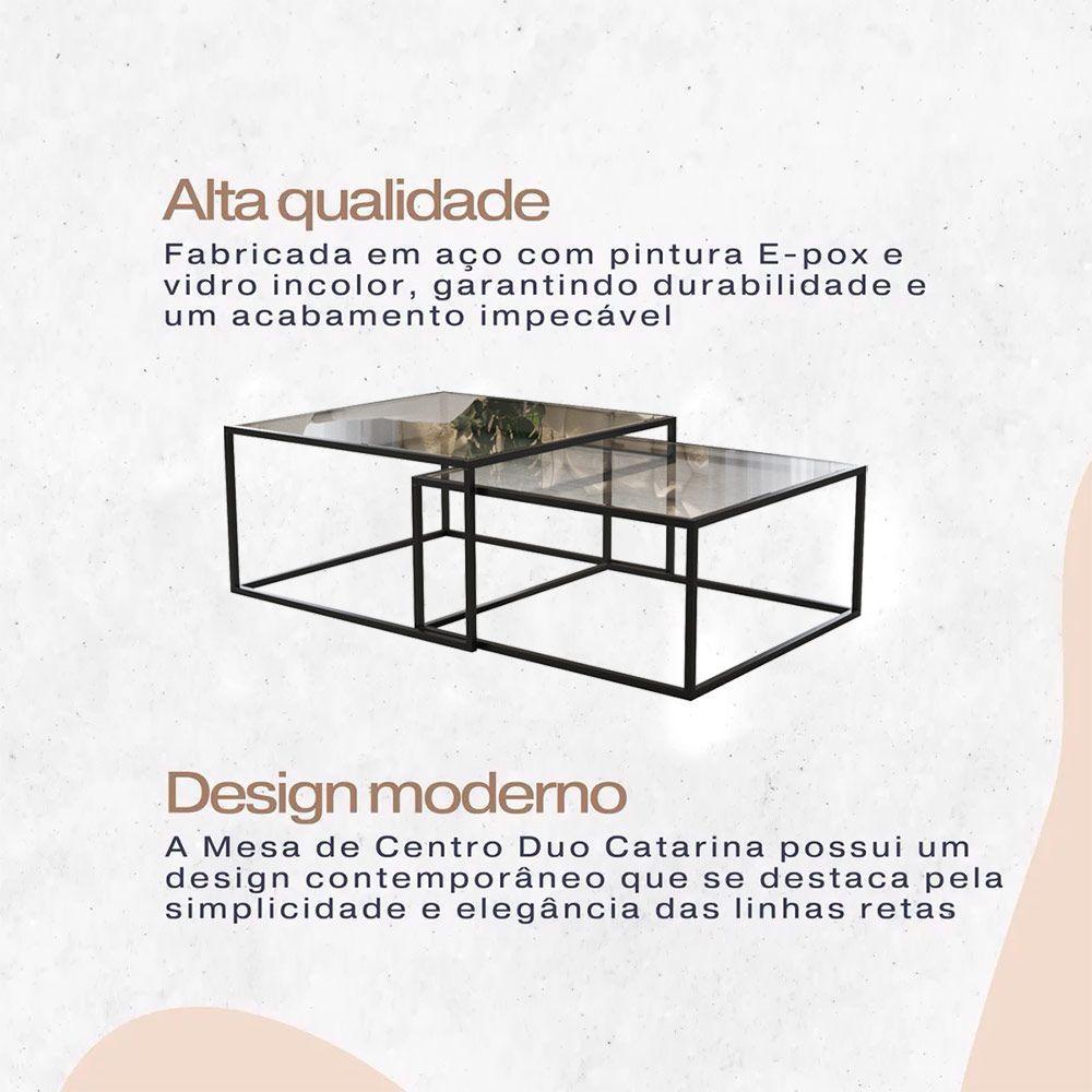Mesa De Centro Industrial Moderna Atemporal Duo Catarina Preto E Tampo De Vidro - 6