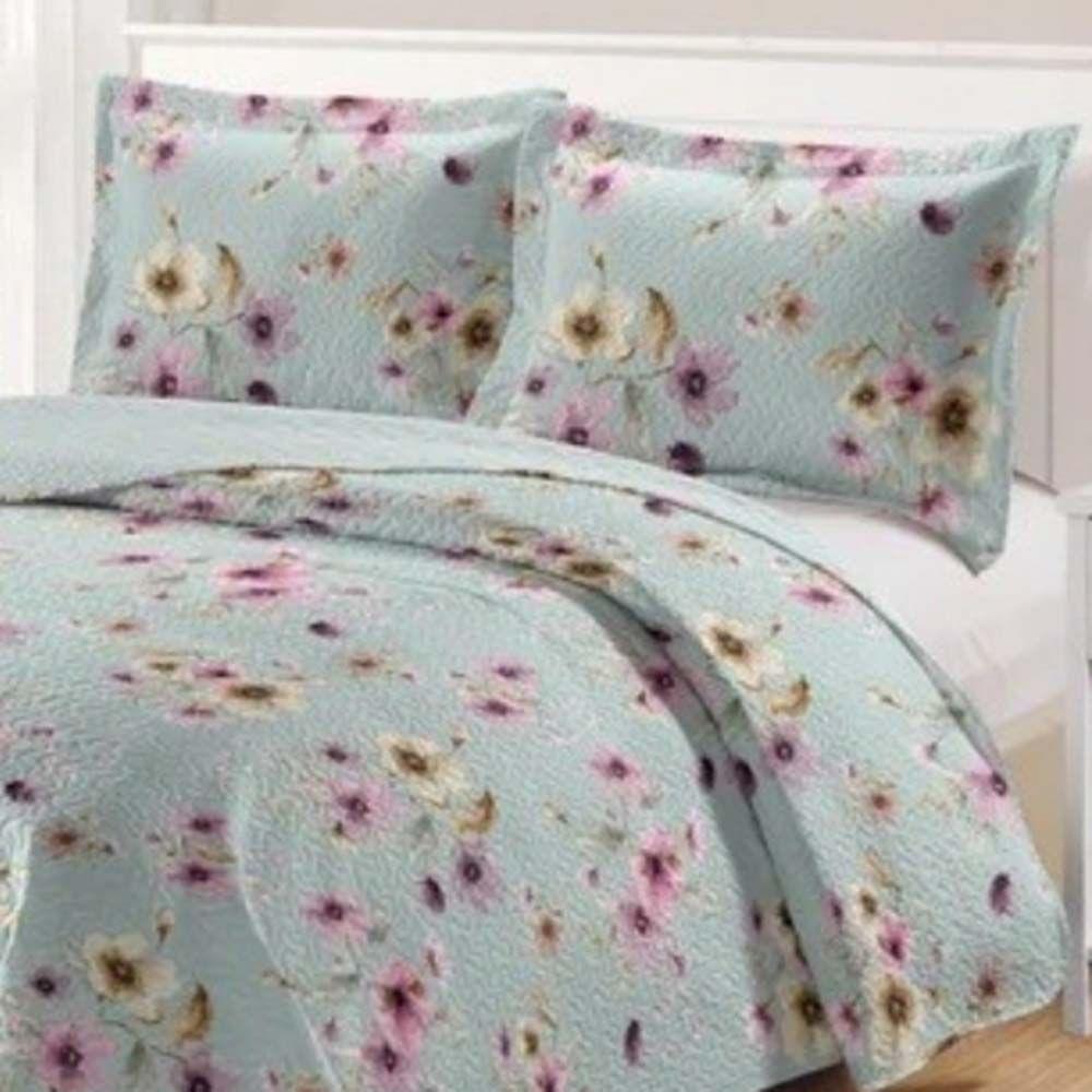 Kit Cobre Leito Colcha Daily Queen 3 Peças Dupla Face Estampado - Floral 55 - 100% Poliéster - 2