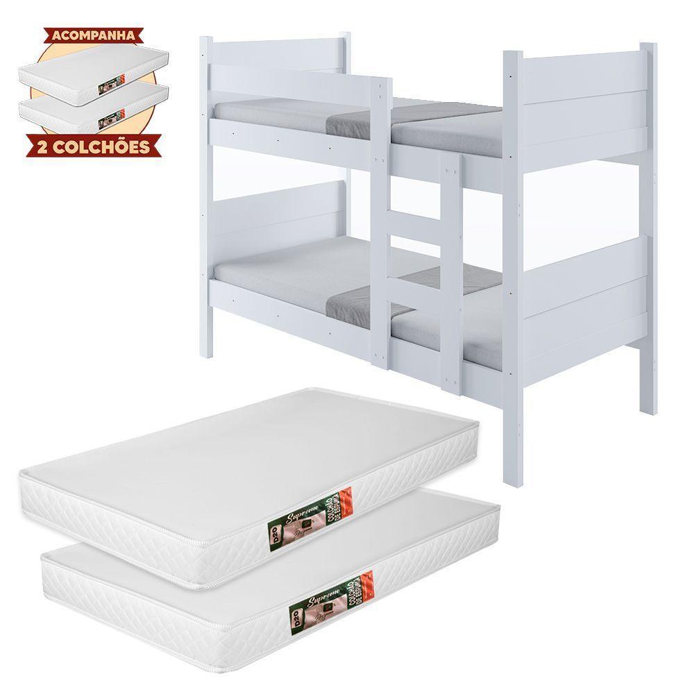 Beliche Resistente Fortaleza Em Mdf Vira 2 Camas Solteiro Branco Com 2 Colchões - 2