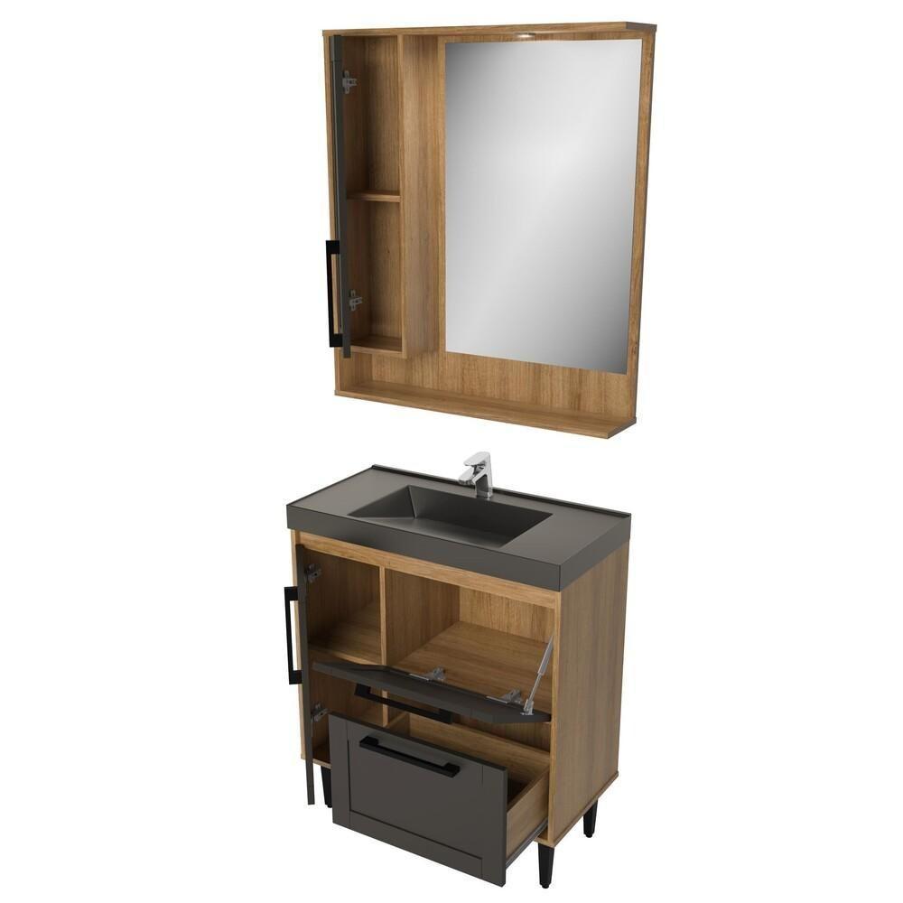Gabinete Banheiro com Cuba e Espelheira 80cm Multimóveis CR10064 Mel/Grafite - 7