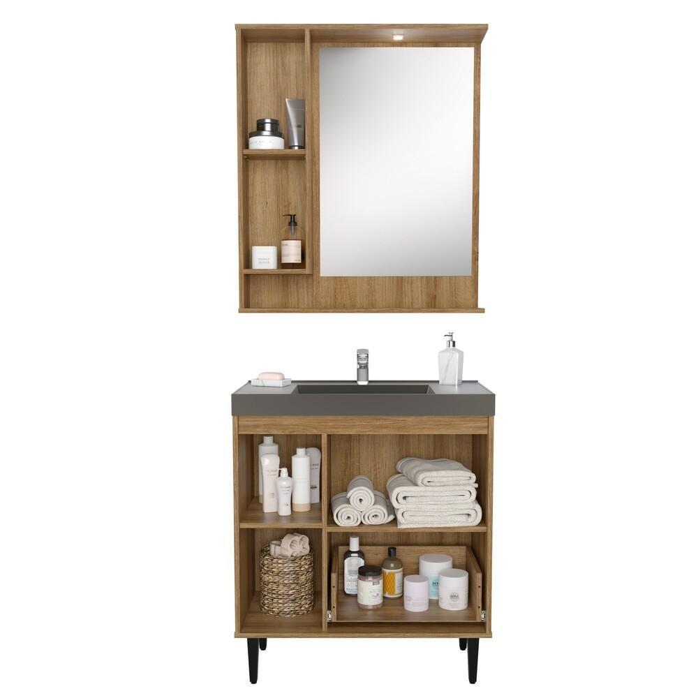 Gabinete Banheiro com Cuba e Espelheira 80cm Multimóveis CR10064 Mel/Grafite - 9