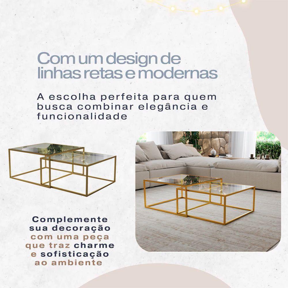 Mesa De Centro Industrial Moderna Atemporal Duo Catarina Dourado E Tampo De Vidro - 5