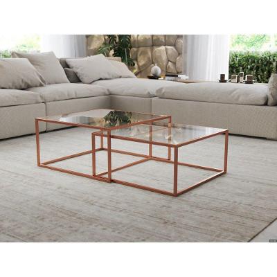 Mesa De Centro Industrial Moderna Atemporal Duo Catarina Cobre E Tampo De Vidro