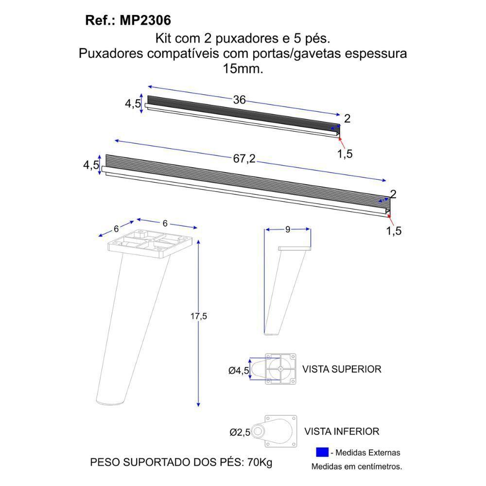 Kit 2 Puxadores Com 5 Pés Palito Retrô Para Balcão Cozinha 105cm Veneza Multimóveis Mp2306 Preto Preto - 3