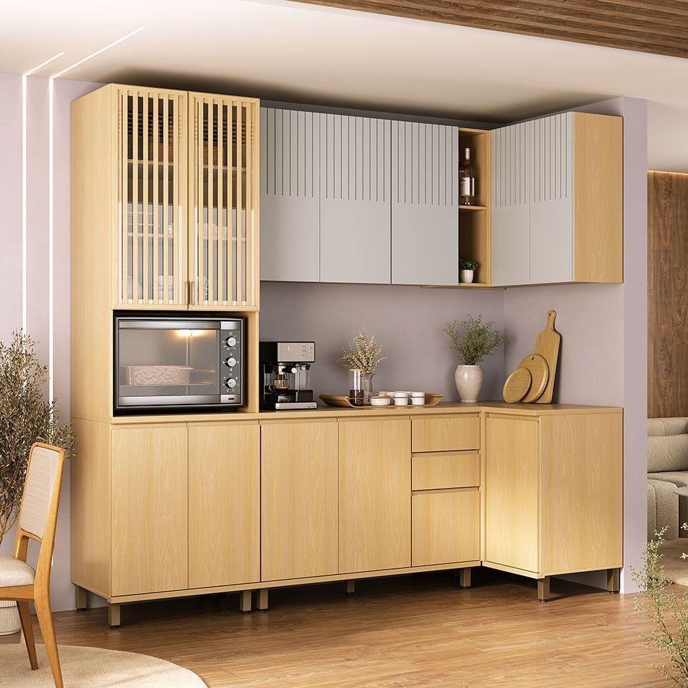 Cozinha Compacta 100% Mdf 5 Pçs Aura Luciane Móveis Carvalho Uv/cinza Cristal Pet - 1
