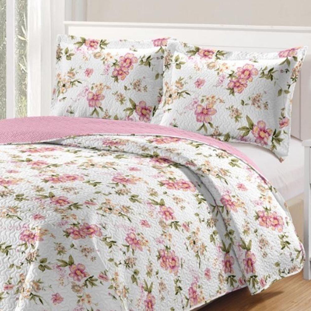 Kit Cobre Leito Colcha Daily Casal 3 Peças Dupla Face Estampado Floral - Floral 19 - 100% Poliéster - 2