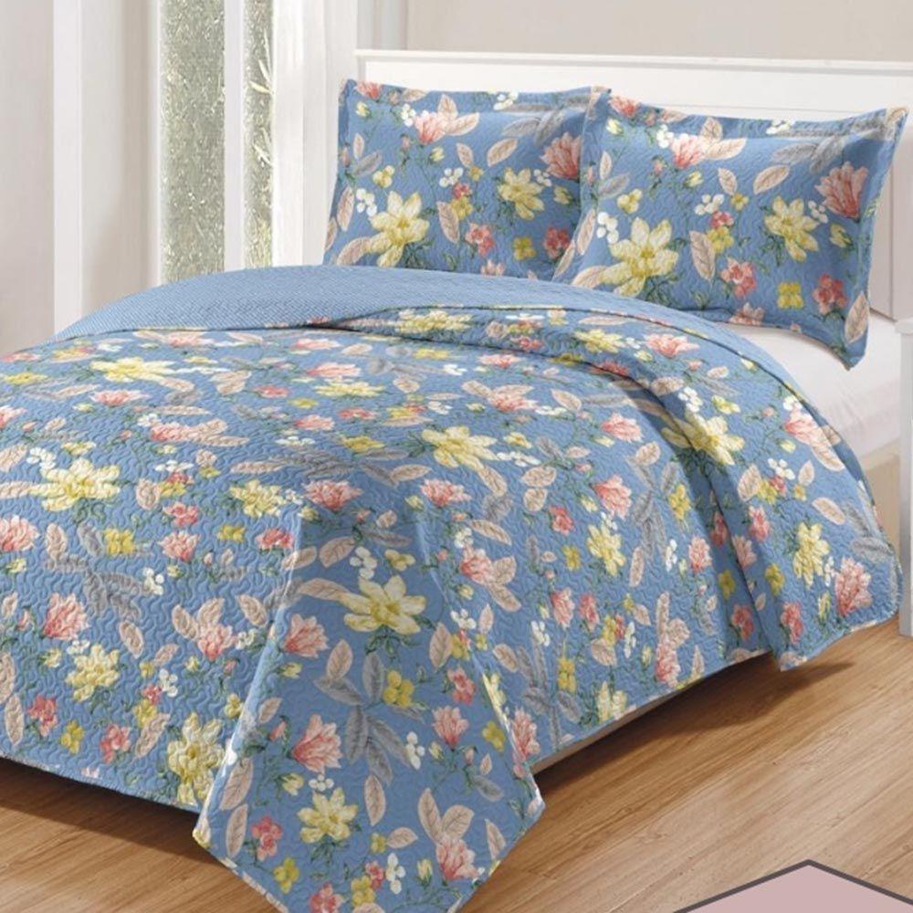 Kit Cobre Leito Colcha Daily Casal 3 Peças Dupla Face Estampado Floral - Floral 22 - 100% Poliéster - 1