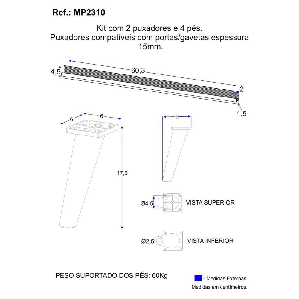 Kit 2 Puxadores Com 4 Pés Palito Retrô Para Paneleiro 62cm Veneza Multimóveis Mp2310 Preto Preto - 3