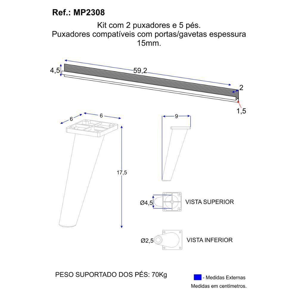 Kit 2 Puxadores Com 5 Pés Palito Retrô Para Balcão Cozinha 120cm Veneza Multimóveis Mp2308 Preto Preto - 3