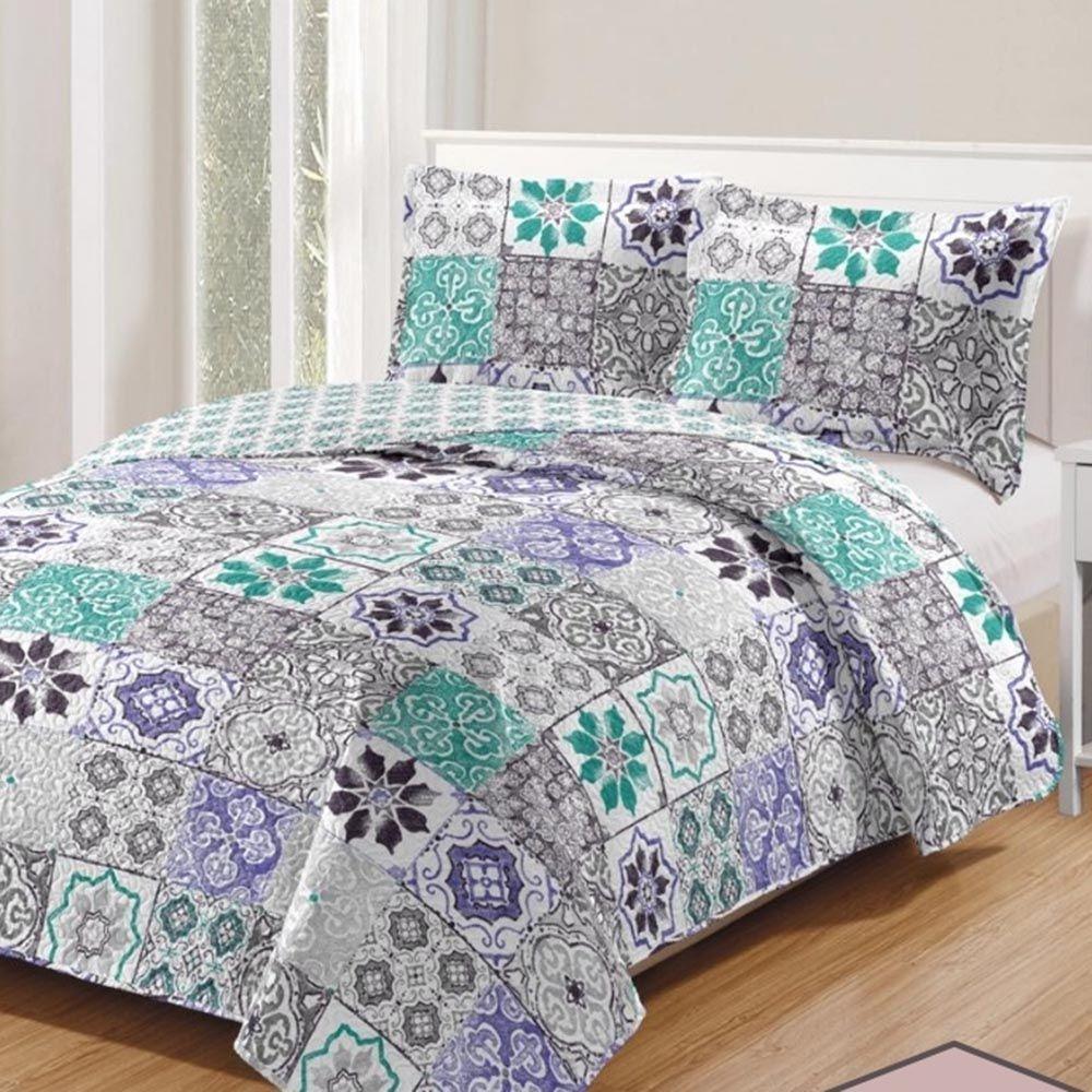 Kit Cobre Leito Colcha Daily Casal 3 Peças Dupla Face Estampado Floral - Floral 26 - 100% Poliéster - 1